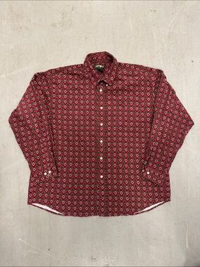 Vintage Men’s Corduroy-Like Red Geometric Patterned Button-Up Shirt XXL